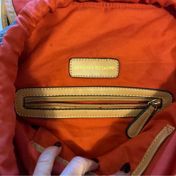 Adrienne Vittadini Brown and Tan Backpack with Orange‎ Trim Drawstring, Magnetic - Picture 10 of 13